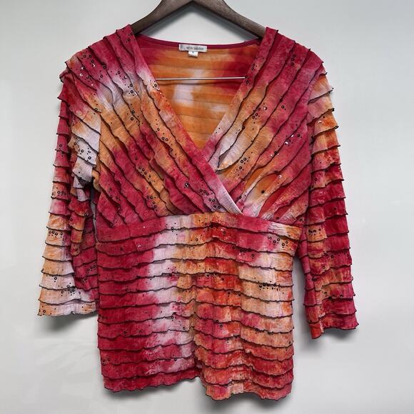 VTG 90s Y2K Ruffle Babydoll Tie Dye V-neck Medium Top Fairy Whimsigoth Mesh - Picture 1 of 10